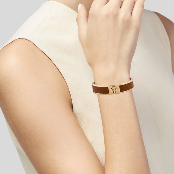 Tory Burch Leather Inlay Hinged Bangle Bracelet - Picture 10 of 10